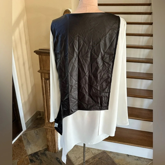 Zoi Black Asymmetrical Faux Leather Overlay Chiffon Blouse Women’s Size Small - Picture 5 of 5